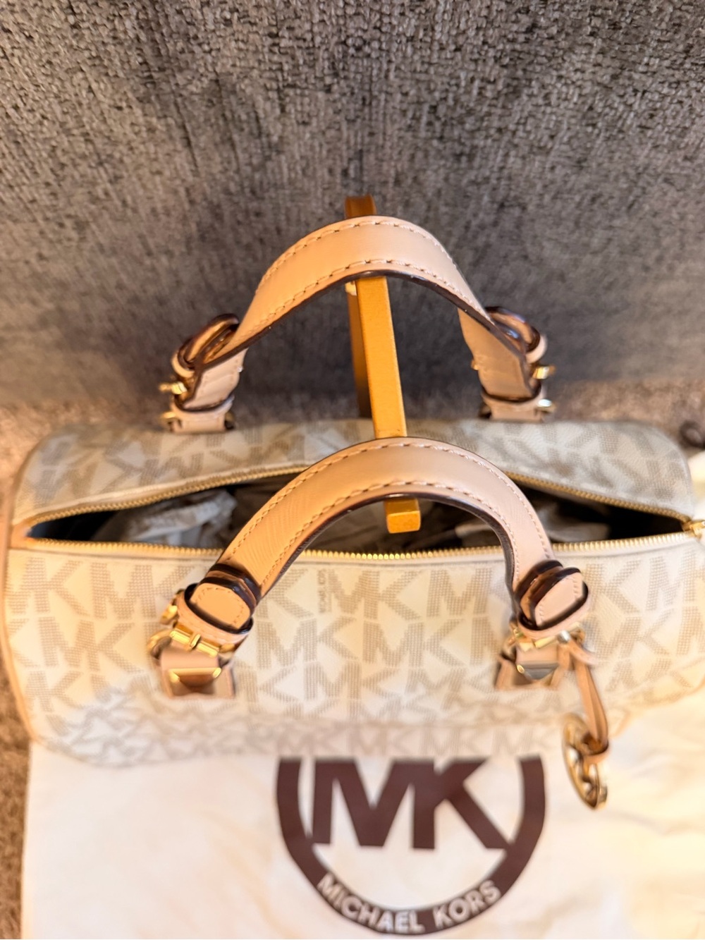 Michael Kors Cream Logo Satchel with Tan Leather Trim and Gold Hardware - Picture 3 of 11
